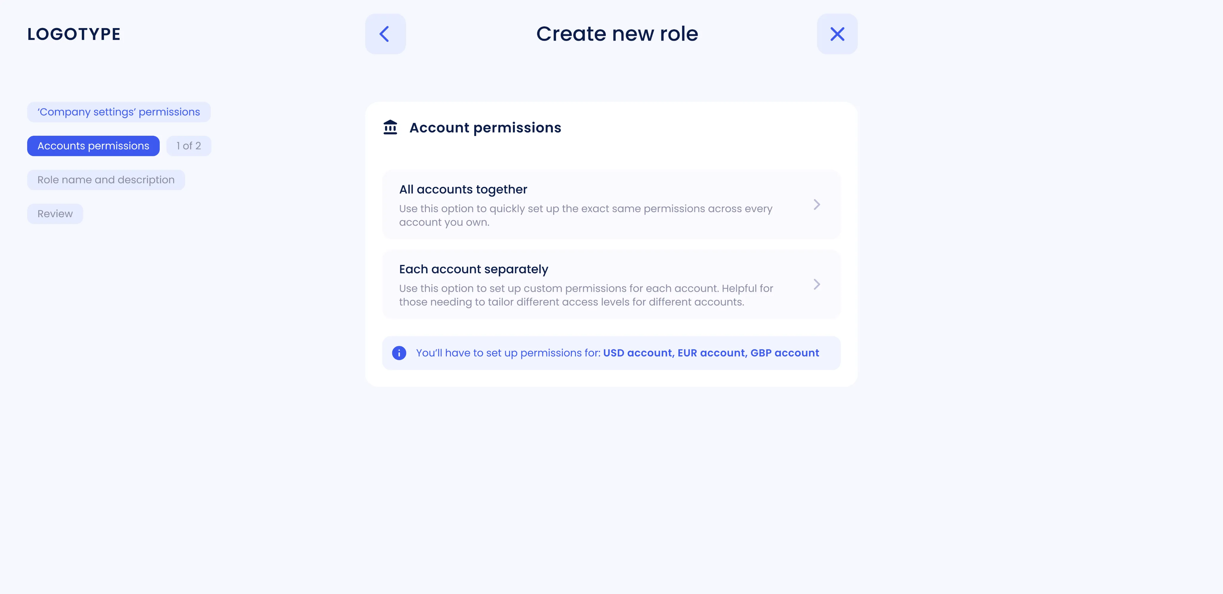 Create role — permissions