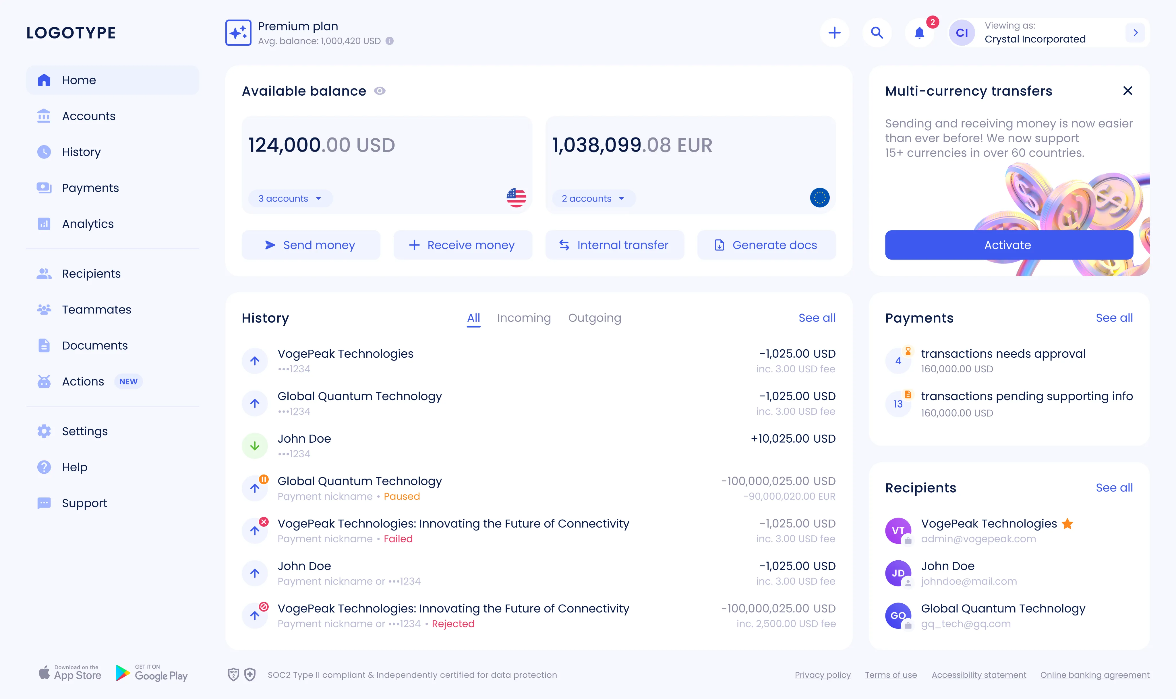 Redesigned Arival Bank dashboard