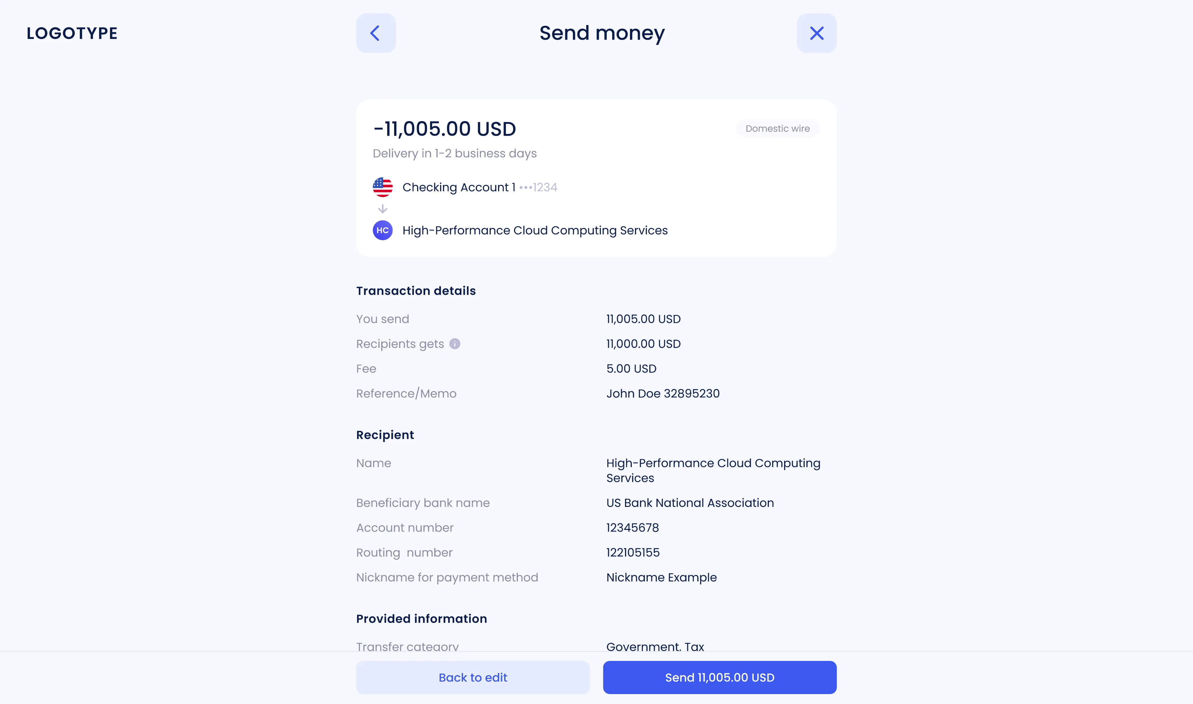 Send money review screen
