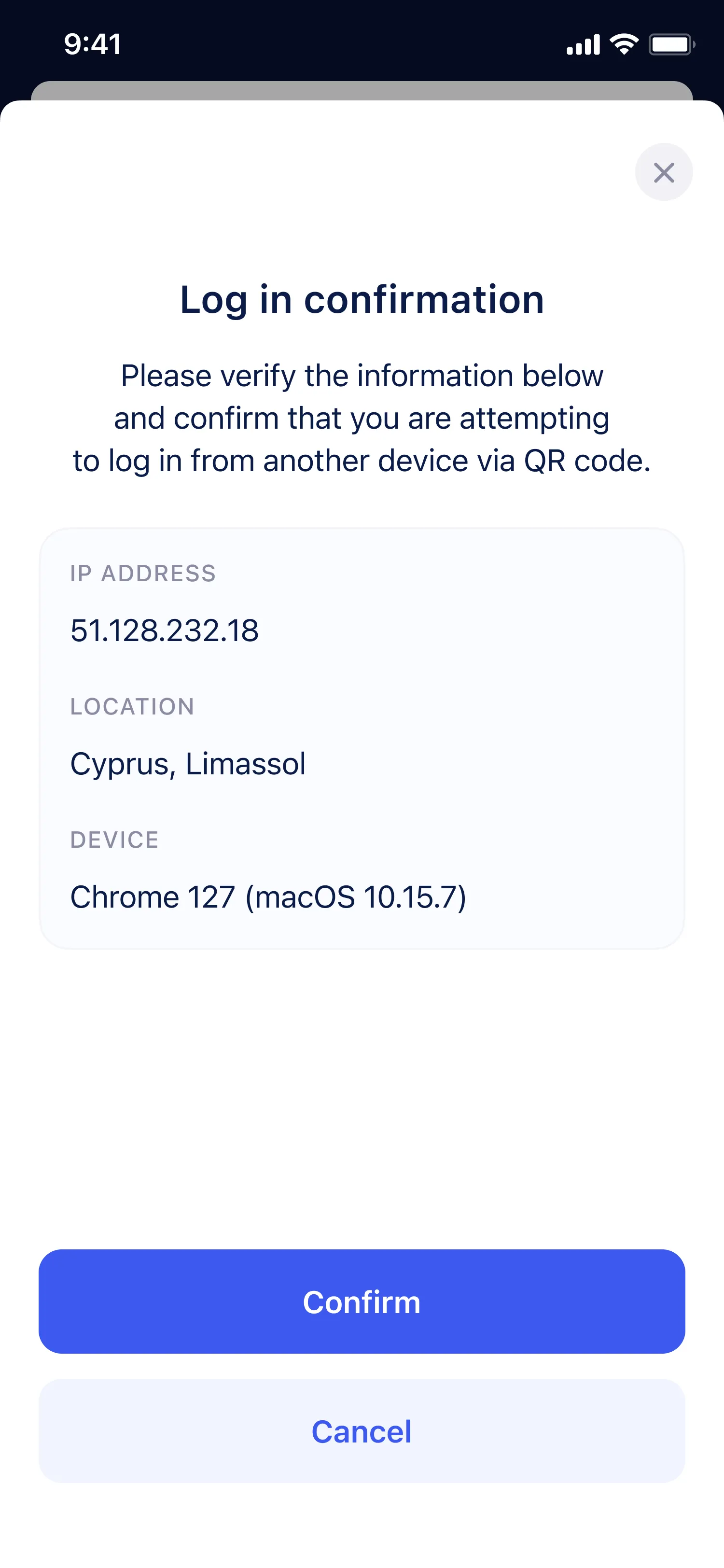 Log in confirmation